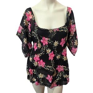 Angela USA Womens Floral Blouse Black Pink Pleated Chiffon Flutter Sleeve Y2K